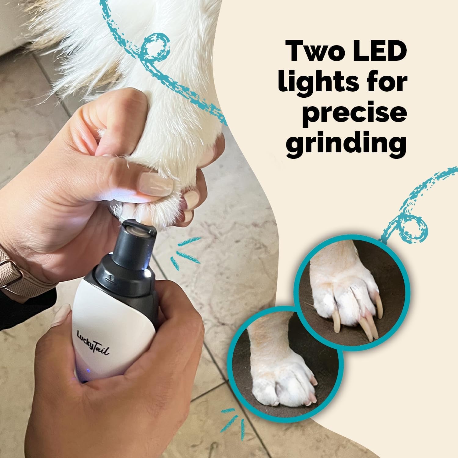 Luckytail Pet Nail Grinder for Dogs and Cats - Super Quiet and Low Vibration Electric Dog Nail Grinder with 2 LED Lights - USB Rechargeable and Cordless - 2 Speeds - Small to Large Pets