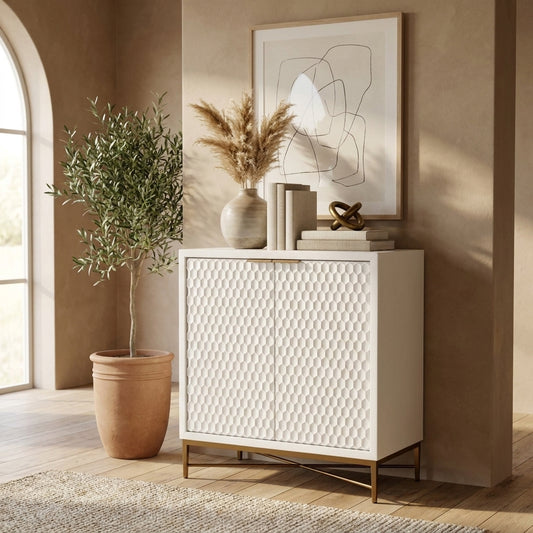 White Pearl Contemporary Bar Cabinet with Gold Metal Base