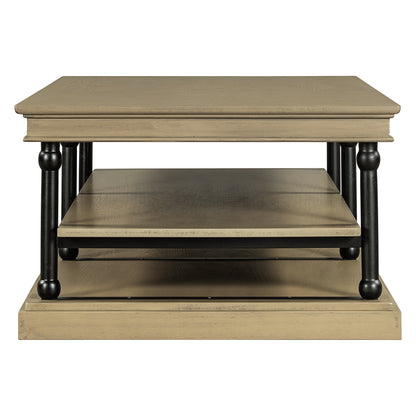 Wood Coffee Table with Black Legs and Open Storage Shelves - Brown