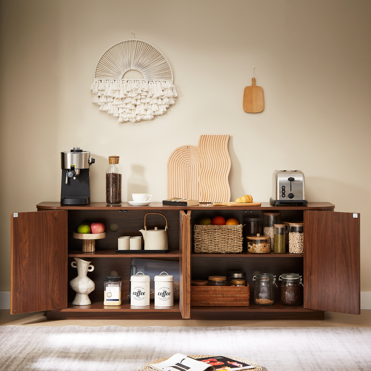 Walnut Sideboard Storage Cabinet with Wave Pattern - 64" Wide