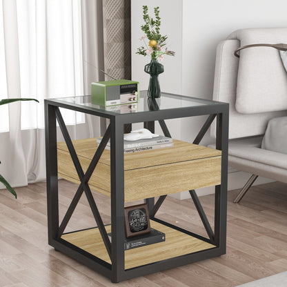 Modern End Table with Drawer - Natural Wood & Tempered Glass