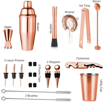Rose Copper 24-Piece Cocktail Shaker Set,Perfect Home Bartending Kit for Drink Mixing,Stainless Steel Bar Tools with Stand,Velvet Carry Bag & Recipes Included