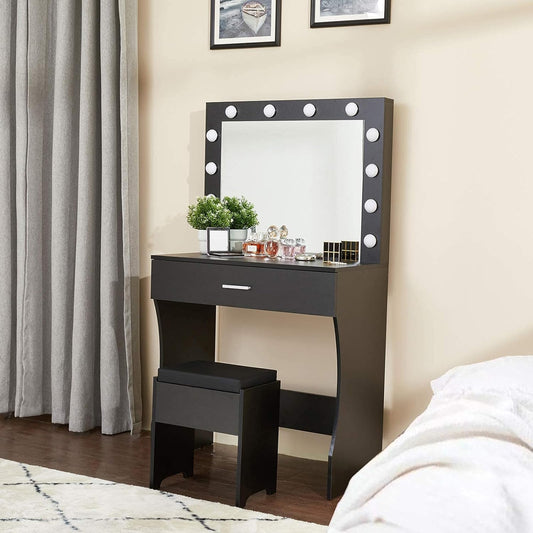 Titoni Black Makeup Vanity Desk Set with Mirror and LED Lights, 31.5” - Adjustable Brightness, Sturdy Wood Construction