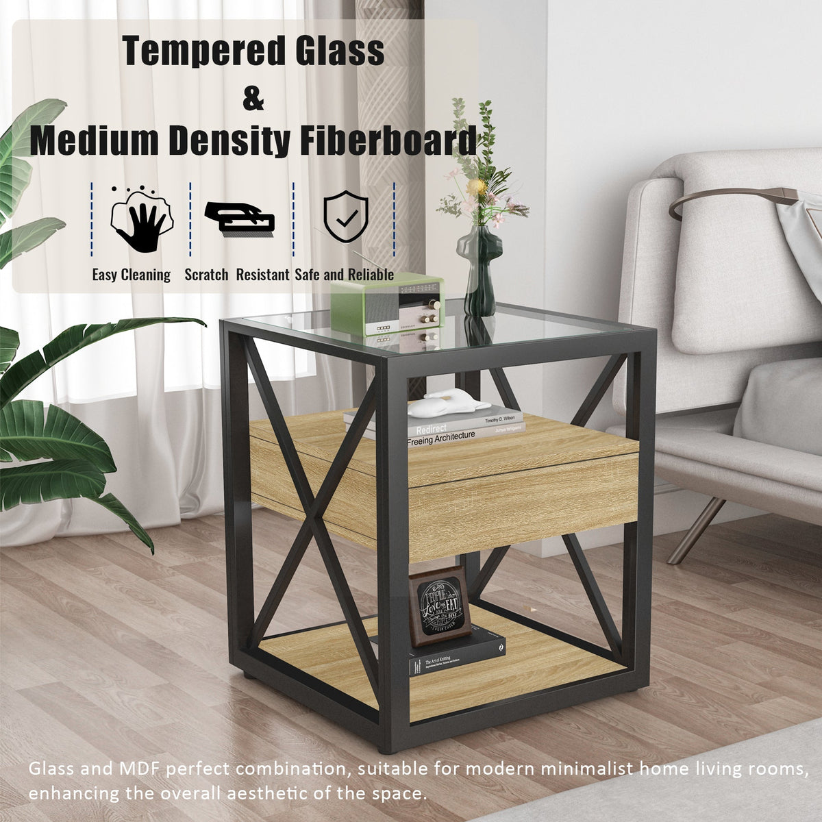 Modern End Table with Drawer - Natural Wood & Tempered Glass