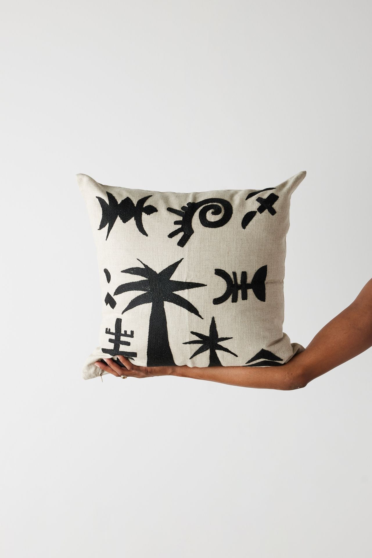 Keiskamma Black Linen & Silk Embroidered Throw Pillow
