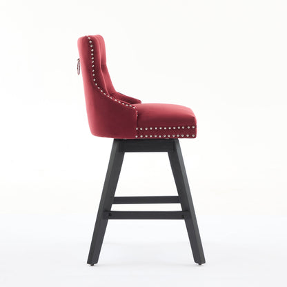 Swivel Velvet Barstools with Button Tufted Decoration - Set of 2 with 360° Swivel - Wine Red