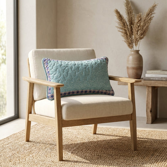 Cotton Lumbar Pillow Sham with Turquoise Geometric Patchwork