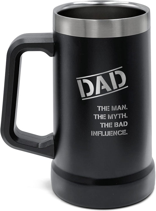 SoHo Funny Beer Mug Gifts for Dad - Stainless Steel Insulated XL 24oz Tumbler Cup with Handle “Dad, Man, Myth, Bad Influence” (Fathers Day/Birthday/Christmas) Gift Boxed