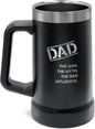 SoHo Funny Beer Mug Gifts for Dad - Stainless Steel Insulated XL 24oz Tumbler Cup with Handle “Dad, Man, Myth, Bad Influence” (Fathers Day/Birthday/Christmas) Gift Boxed