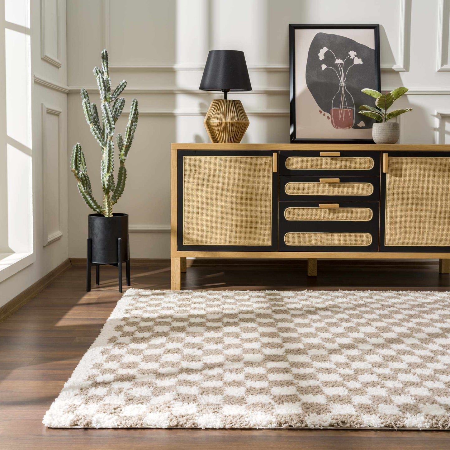 Kieu Taupe Checkered Shag Rug