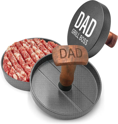 Grilling Gift for Dad, Non-Stick Hamburger Press Patty Maker, Aluminum BBQ Burger Mold “Dad Grill Boss” for Fathers Day/Birthday Boxed