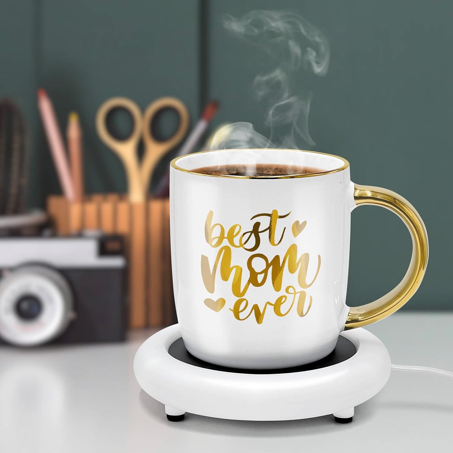 Gift for Mom from Daughter/Son, Coffee Lover Mug with Electric Heated Warmer - Unique Gift Idea for Mothers Day, Birthday, Christmas, 12oz Best Mom Ever (Gift Boxed)