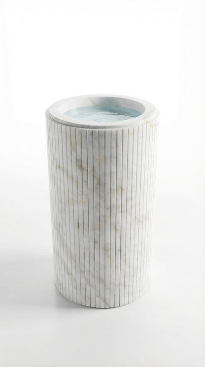 Cararra White Marble Designer Pedestal Stand-Alone Fluted Sink (W)18" (L)18" (H)33"