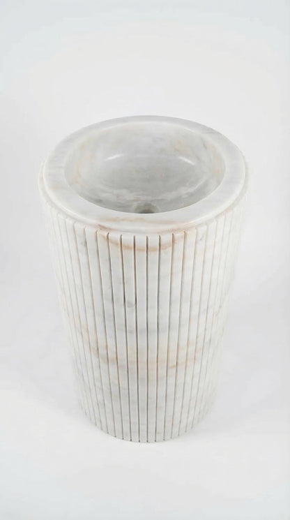 Cararra White Marble Designer Pedestal Stand-Alone Fluted Sink (W)18" (L)18" (H)33"