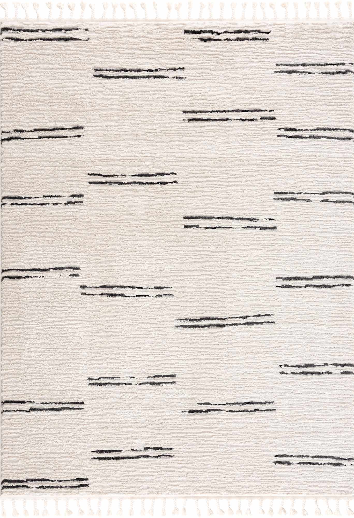 Riad Black Striped White Rug with Tassels