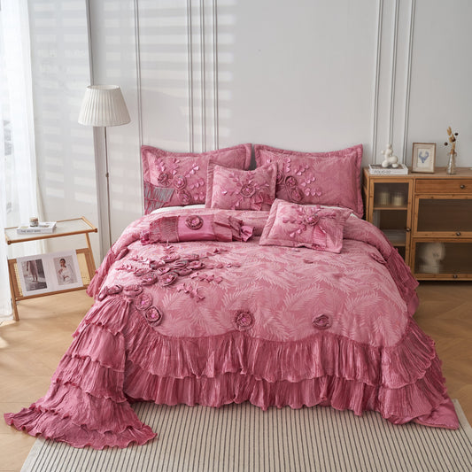 Tache Satin Ruffle Floral Lace Pink Royal Princess Dream Comforter Set (BM1227)
