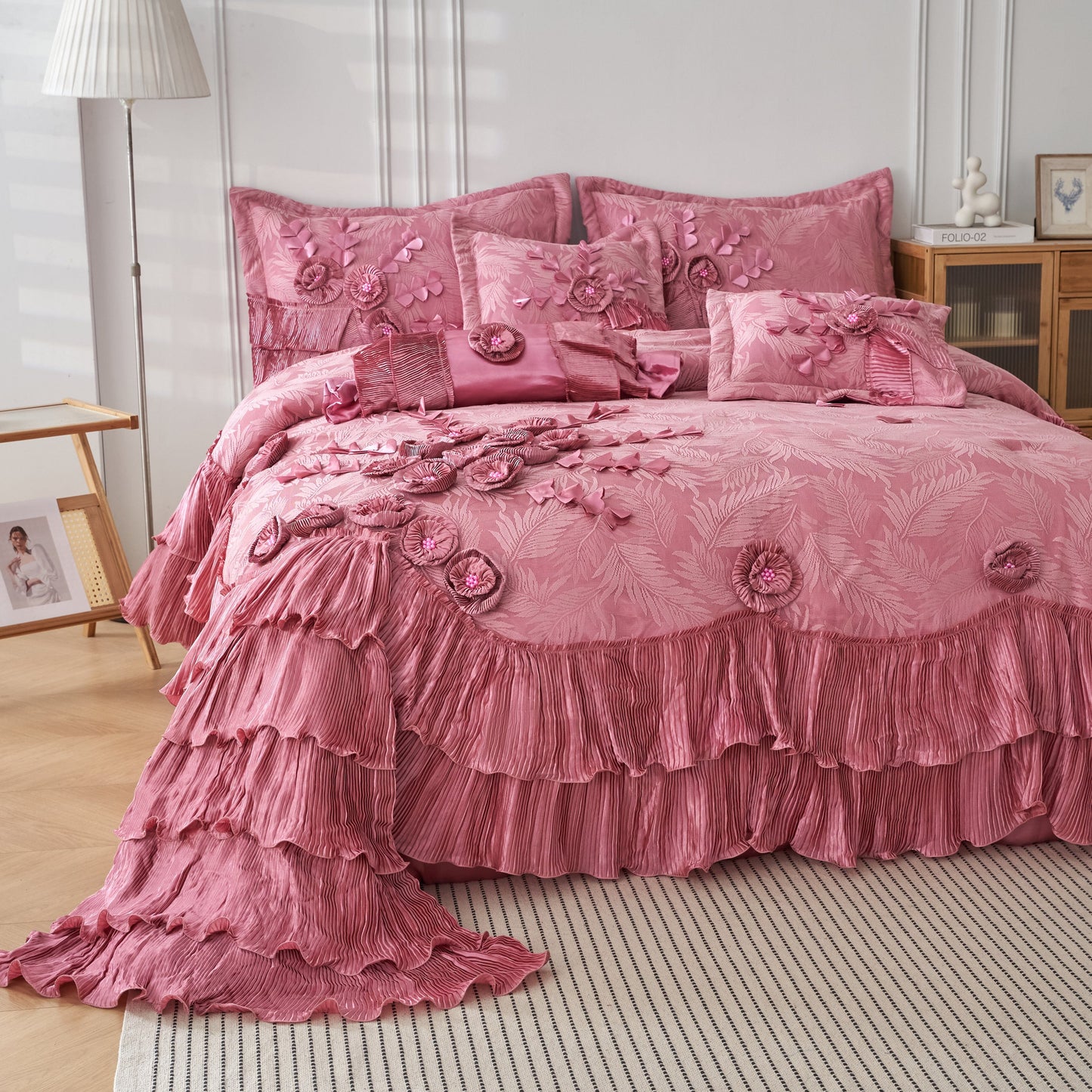 Tache Satin Ruffle Floral Lace Pink Royal Princess Dream Comforter Set (BM1227)