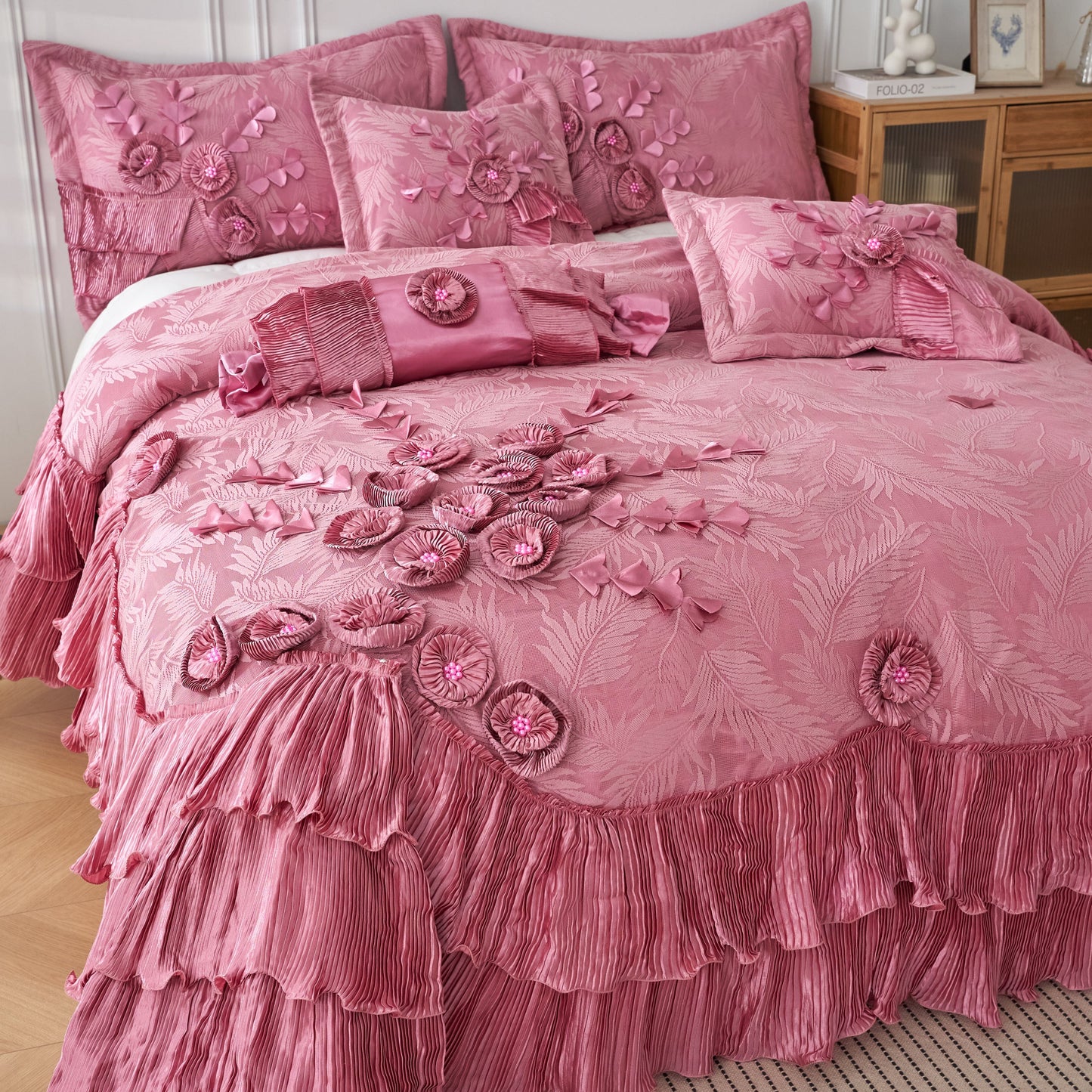 Tache Satin Ruffle Floral Lace Pink Royal Princess Dream Comforter Set (BM1227)