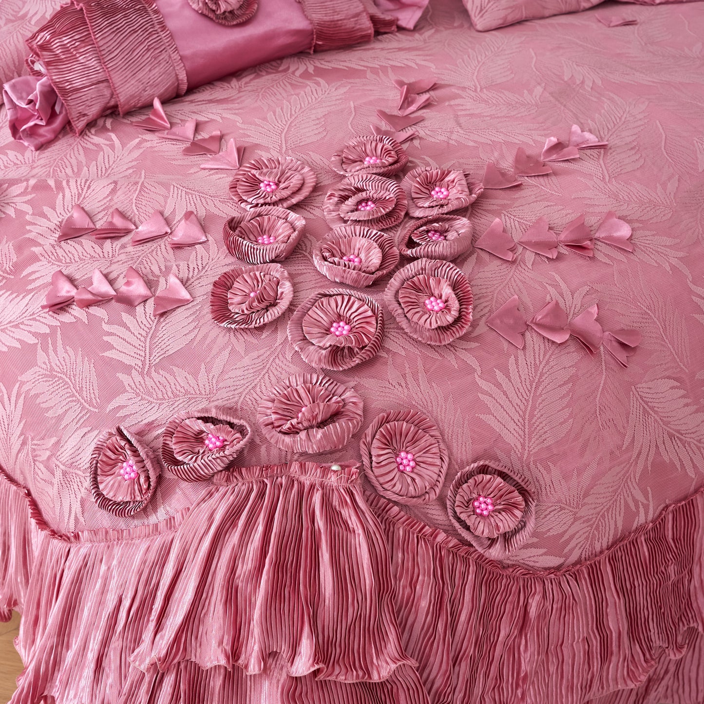 Tache Satin Ruffle Floral Lace Pink Royal Princess Dream Comforter Set (BM1227)