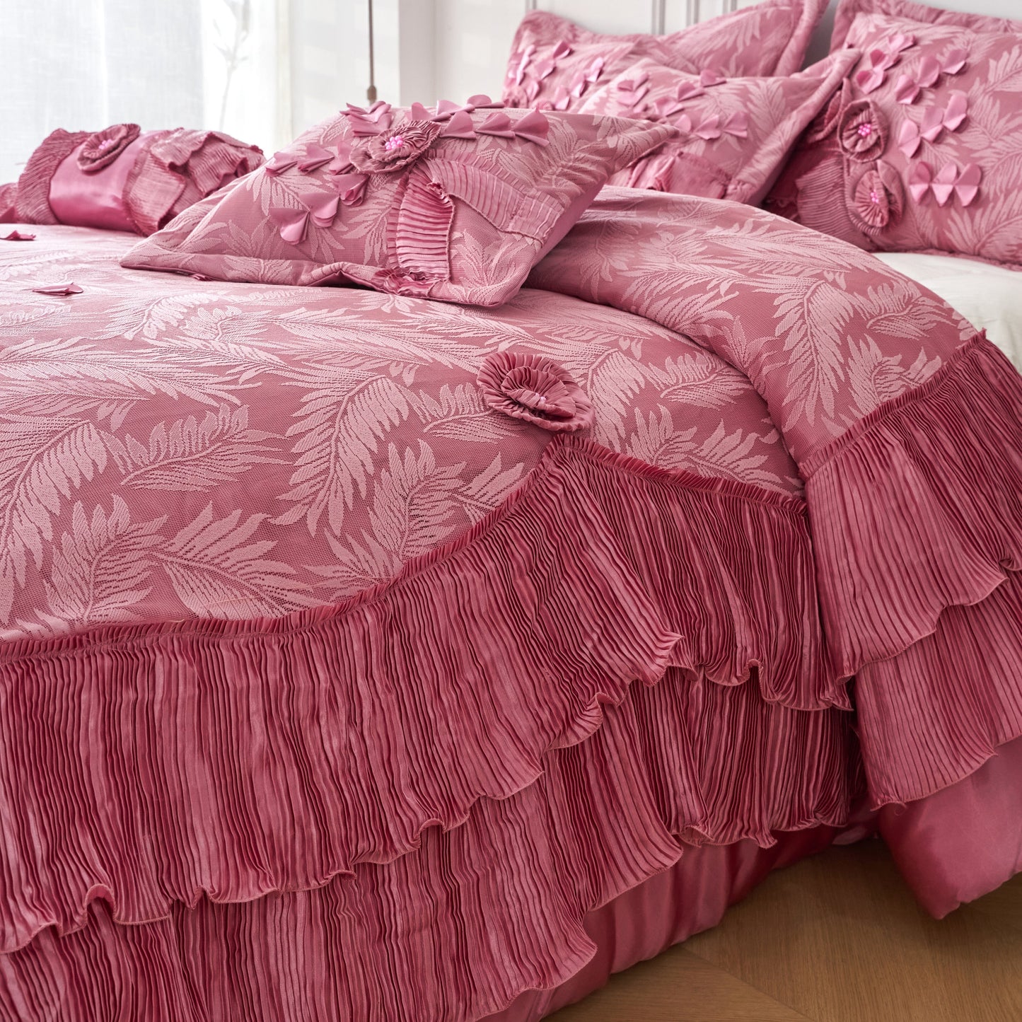 Tache Satin Ruffle Floral Lace Pink Royal Princess Dream Comforter Set (BM1227)