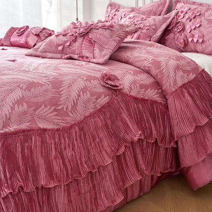 Tache Satin Ruffle Floral Lace Pink Royal Princess Dream Comforter Set (BM1227)