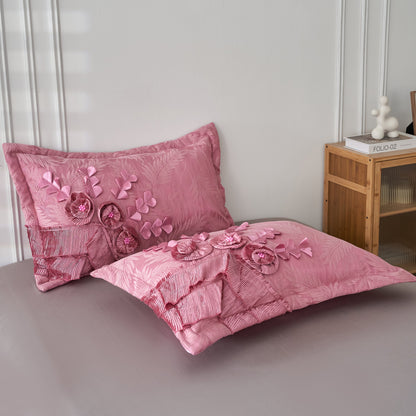 Tache Satin Ruffle Floral Lace Pink Royal Princess Dream Comforter Set (BM1227)