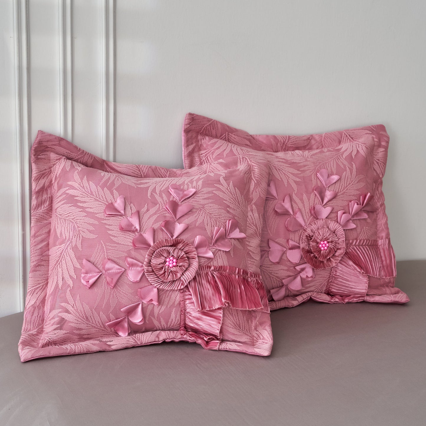 Tache Satin Ruffle Floral Lace Pink Royal Princess Dream Comforter Set (BM1227)