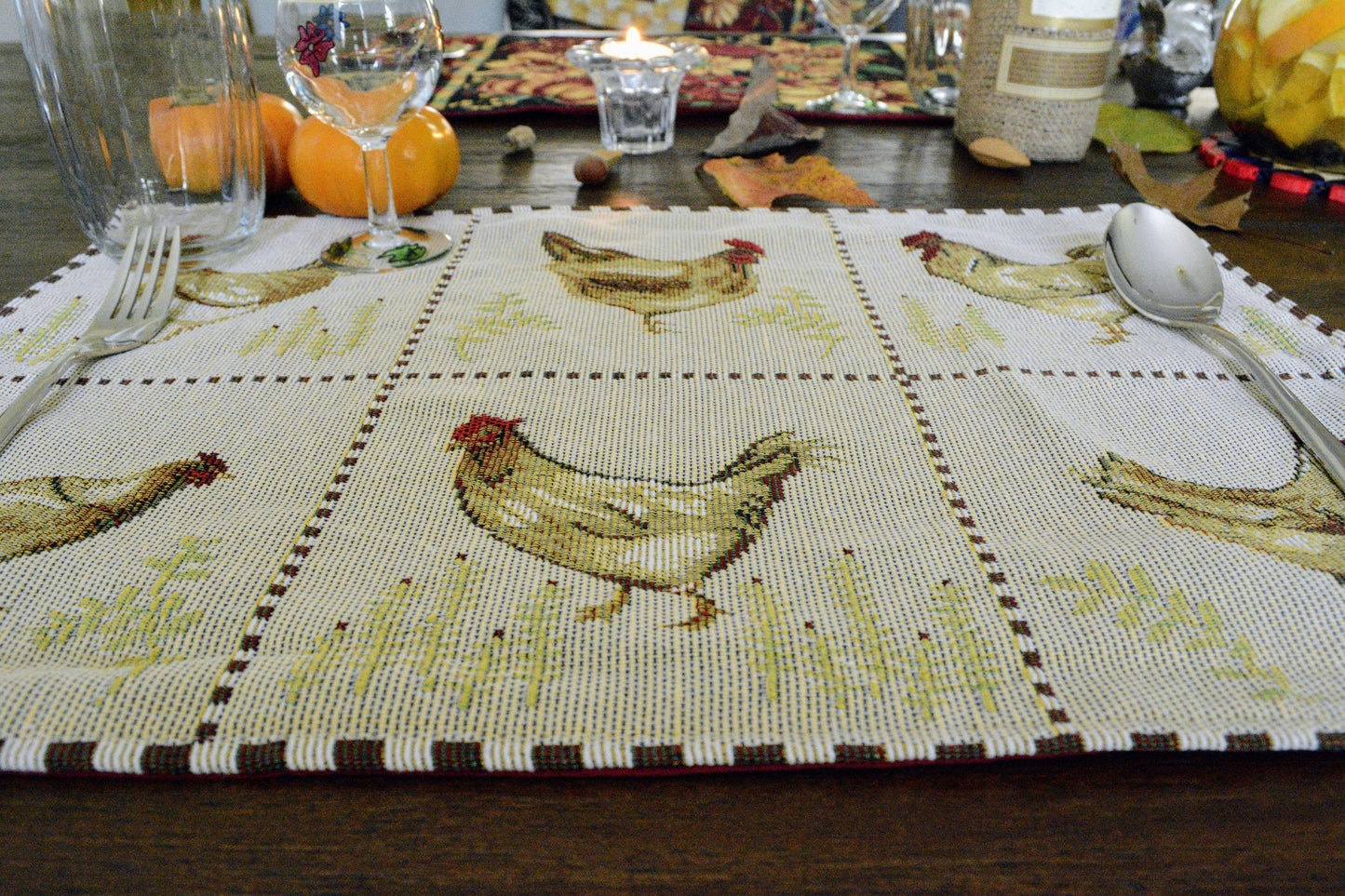 Tache Country Farmhouse Rooster Hens Woven Tapestry Placemat Set (13139PM)