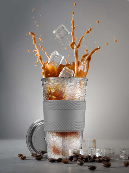 Freezable Iced Coffee Cup with Lid and Straw - Reusable Insulated Ice Tumbler with Grip Sleeve