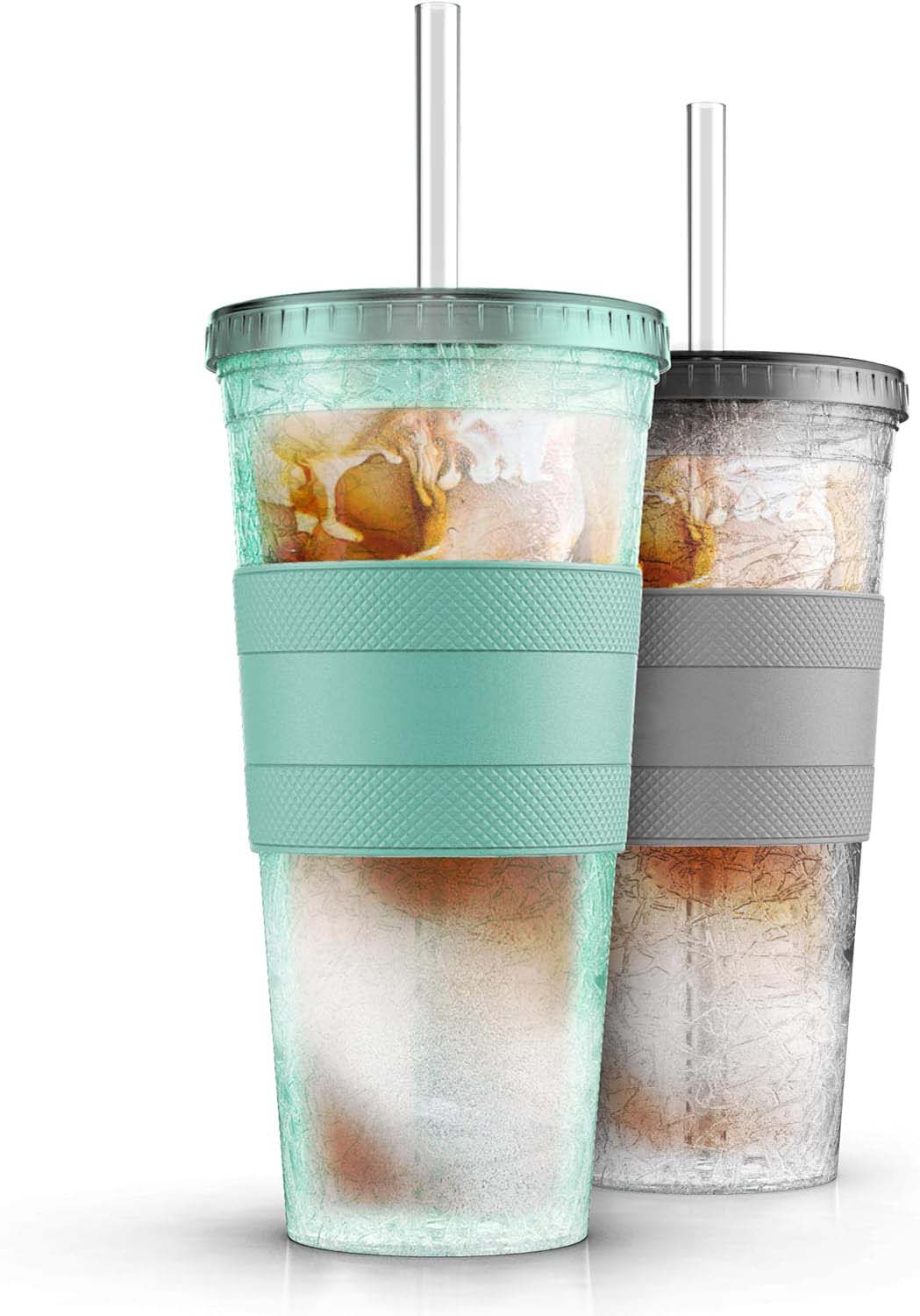 Freezable Iced Coffee Cup with Lid and Straw - Reusable Insulated Ice Tumbler with Grip Sleeve