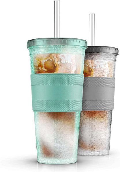 Freezable Iced Coffee Cup with Lid and Straw - Reusable Insulated Ice Tumbler with Grip Sleeve