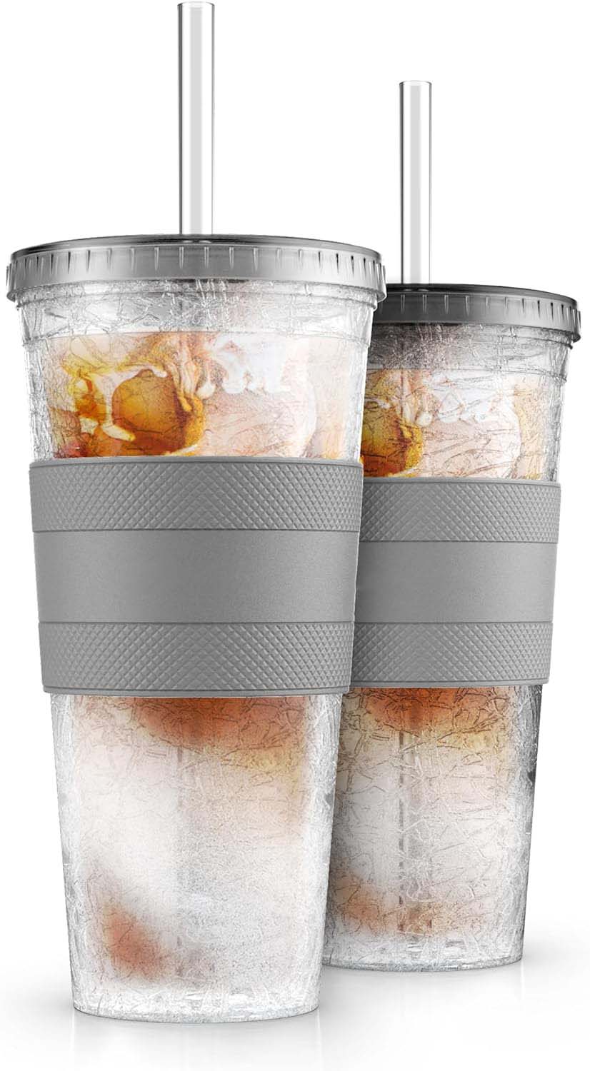 Freezable Iced Coffee Cup with Lid and Straw - Reusable Insulated Ice Tumbler with Grip Sleeve