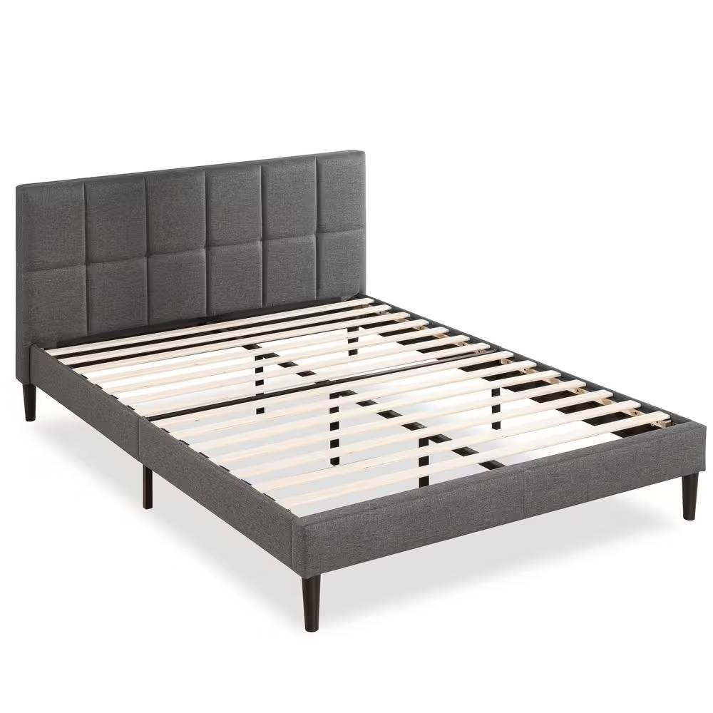 Full Size Grey Upholstered Platform Bed Frame with Padded Headboard
