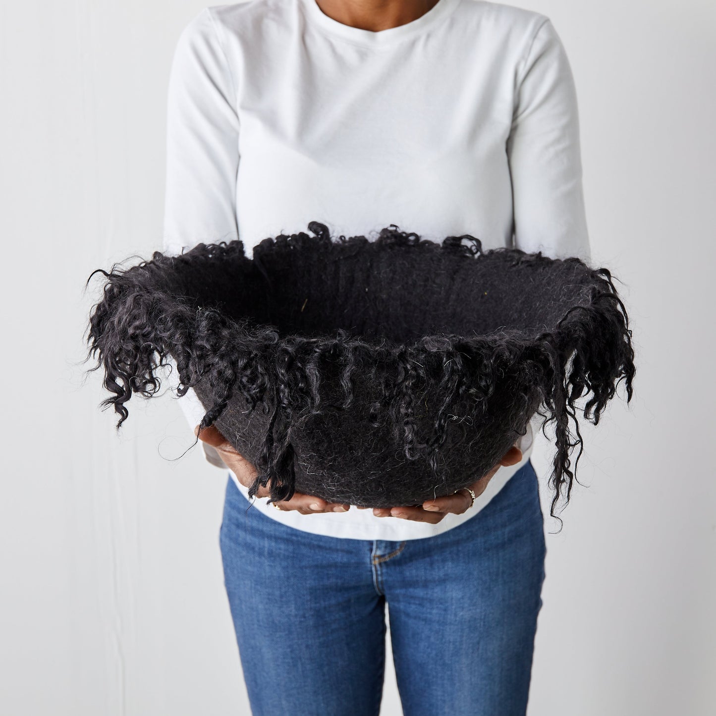 Fringed Skirt Black Decorative Karakul Wool and Mohair Bowl