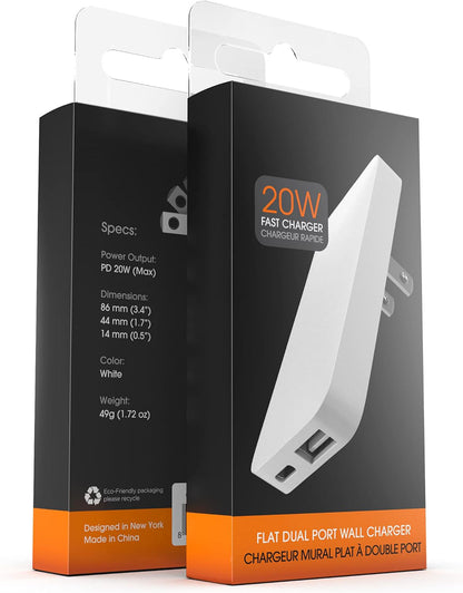 Type C Flat Wall Charger, Ultra Slim (Multi-Port Power Adapter) for iPhone 11/12/13/14 iPhone 15 Pro/Max and Samsung Galaxy Models, 20W Fast Charging Outlet Plug - 2 Pack (Dual USB-C USB-A)