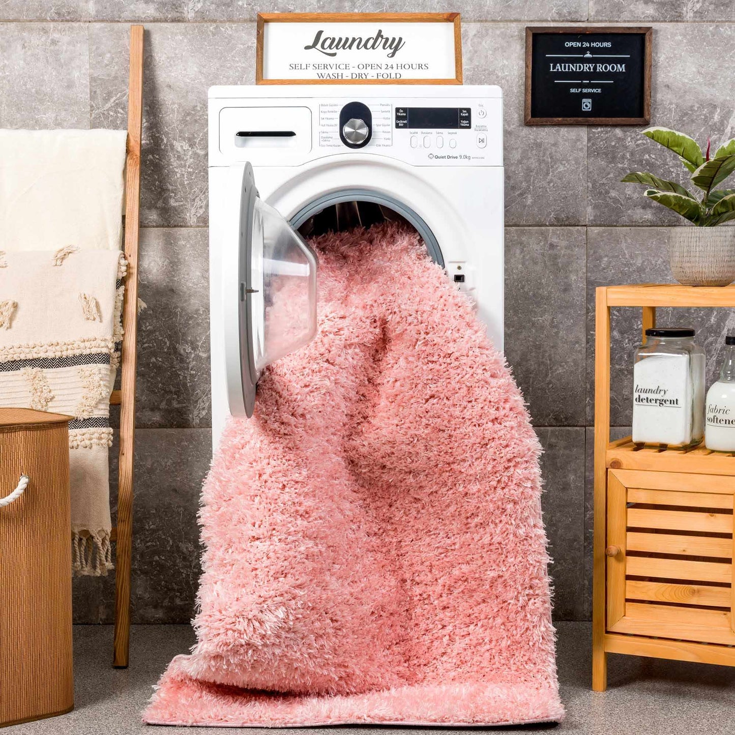 Faina Solid Pink Shag Washable Area Rug - Clearance