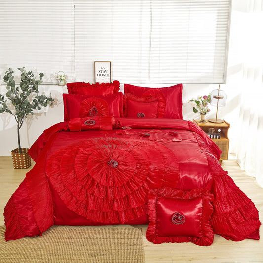 Tache Satin Ruffle Victorian Glam Romantic Red Rose Comforter Set (HY4174)