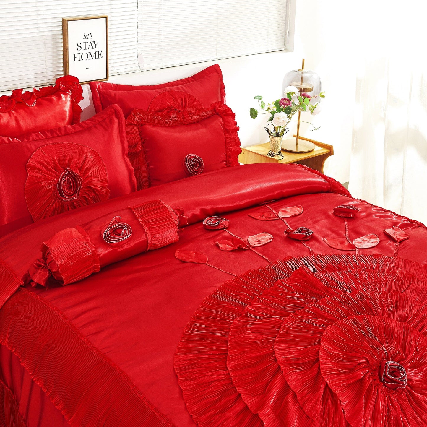 Tache Satin Ruffle Victorian Glam Romantic Red Rose Comforter Set (HY4174)