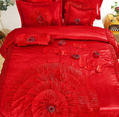 Tache Satin Ruffle Victorian Glam Romantic Red Rose Comforter Set (HY4174)