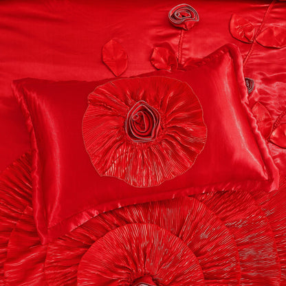 Tache Satin Ruffle Victorian Glam Romantic Red Rose Comforter Set (HY4174)