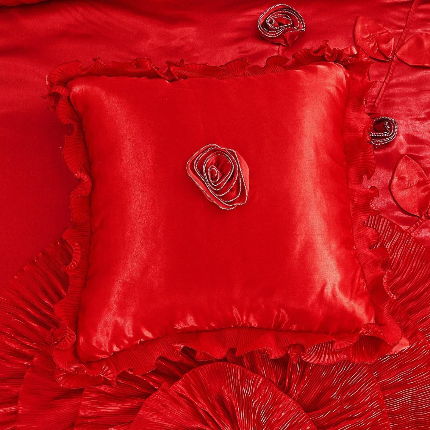Tache Satin Ruffle Victorian Glam Romantic Red Rose Comforter Set (HY4174)