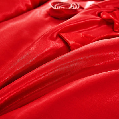 Tache Satin Ruffle Victorian Glam Romantic Red Rose Comforter Set (HY4174)
