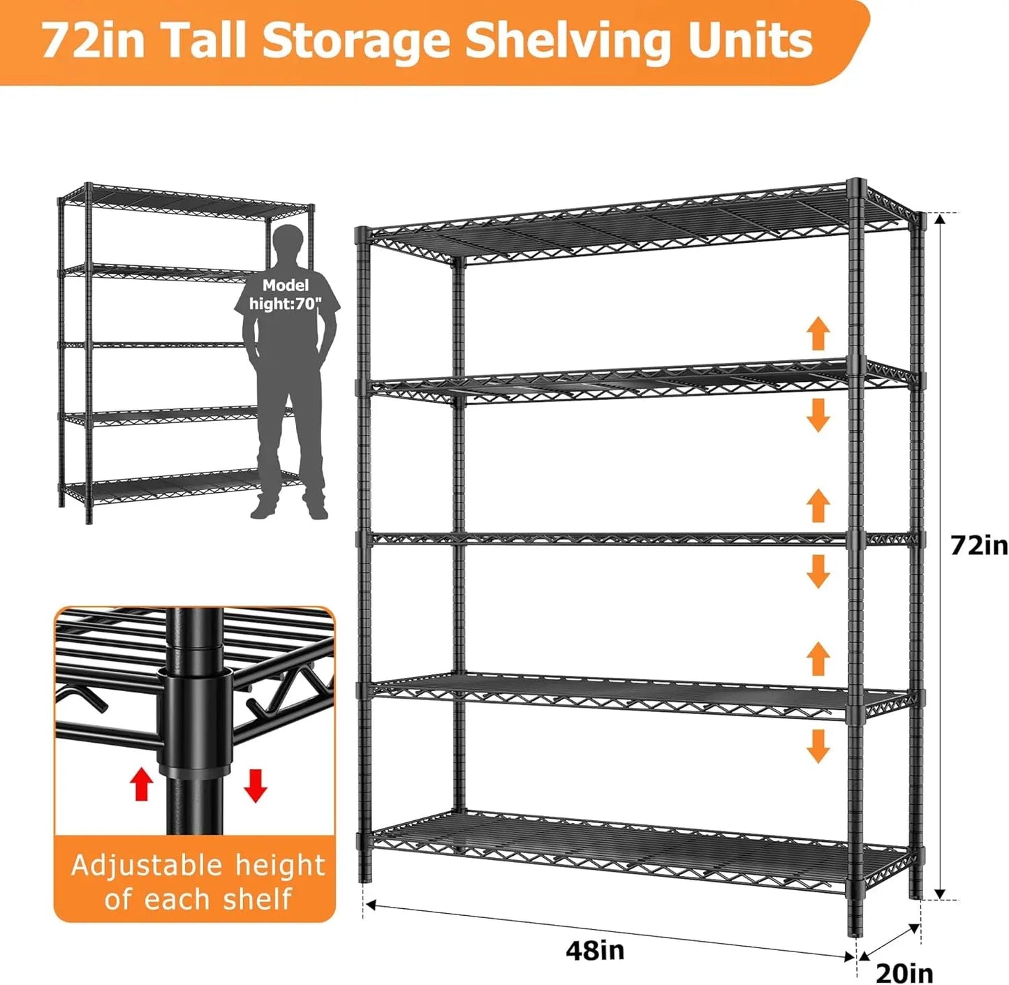 Hausvita Storage Shelves Heavy Duty, 48" L x 20" W x 72" H