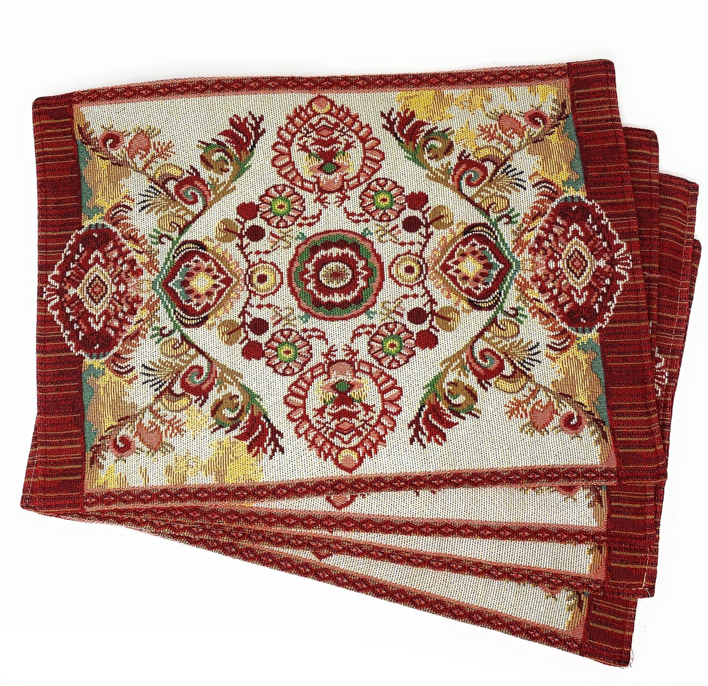 Tache Elegant Burgundy Ornate Paisley Woven Tapestry Placemat Set (18194)