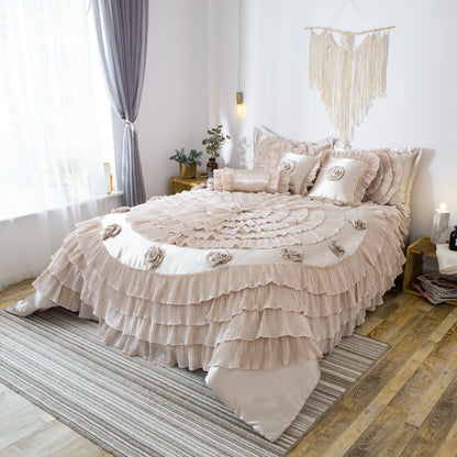 Tache Satin Ruffle Luxury Floral Champagne Beige Frosted Field Comforter Set (MZ1051)
