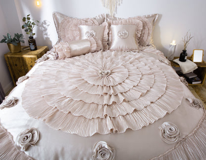 Tache Satin Ruffle Luxury Floral Champagne Beige Frosted Field Comforter Set (MZ1051)
