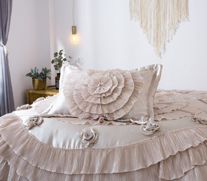 Tache Satin Ruffle Luxury Floral Champagne Beige Frosted Field Comforter Set (MZ1051)