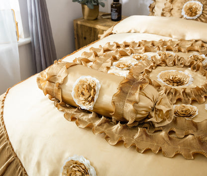 Tache Satin Ruffle Floral Gold Caramel Latte Comforter (BM4578)