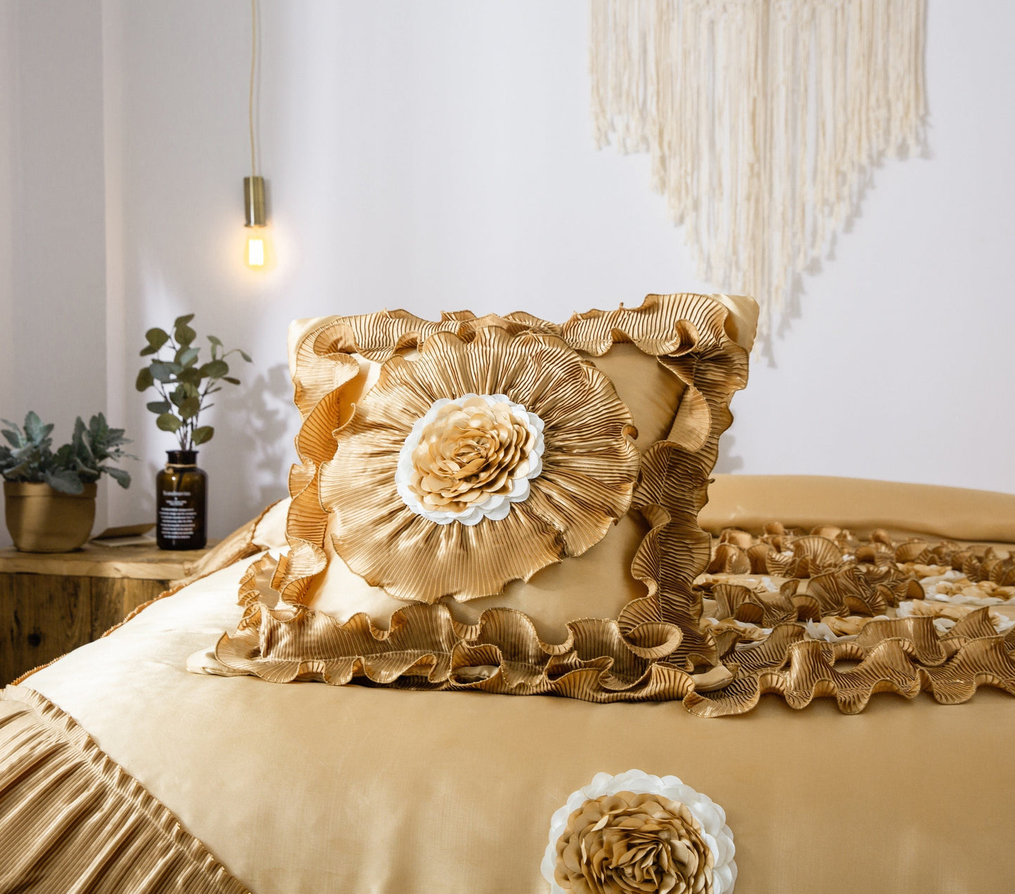 Tache Satin Ruffle Floral Gold Caramel Latte Comforter (BM4578)