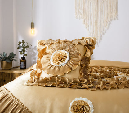 Tache Satin Ruffle Floral Gold Caramel Latte Comforter (BM4578)